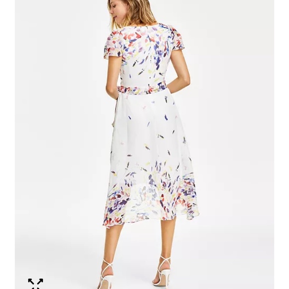 DKNY Printed Flutter Sleeve Faux Wrap Midi High - Low Chiffon Dress Size 14 $134 - Picture 4 of 17